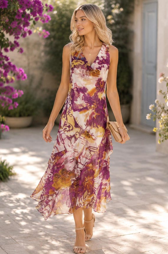 purple and yellow floral dress Robbie Bee Chiffon Floral Dress Size 6 Y2K Purple Chiffon Drape Neck Midi  Romantic Flowy Ruffles Hanky Hem