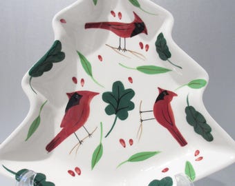 Studio Nova Red Cardinal Christmas Tree Shaped Dish Serving Plate Candy Nuts Table Decor