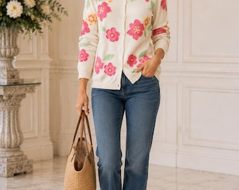 Cárdigan vintage Talbots, talla pequeña PL, color marfil, bordado floral, punto de algodón, estilo Y2K