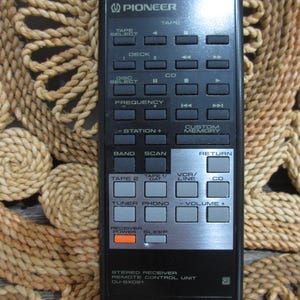 Pode incluir: Controle remoto preto para receptor estéreo Pioneer. Possui botões para fita, disco, frequência e controle de volume. O número do modelo CU-SX021 está impresso na parte inferior.