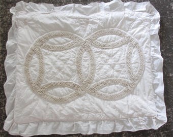 Poduszka z podwójnym kółkiem w kolorze ecru z szydełkową falbanką w stylu vintage z lat 80., pościel dla nowożeńców Cottagecore, romantyczna dekoracja w stylu shabby chic, standardowy rozmiar