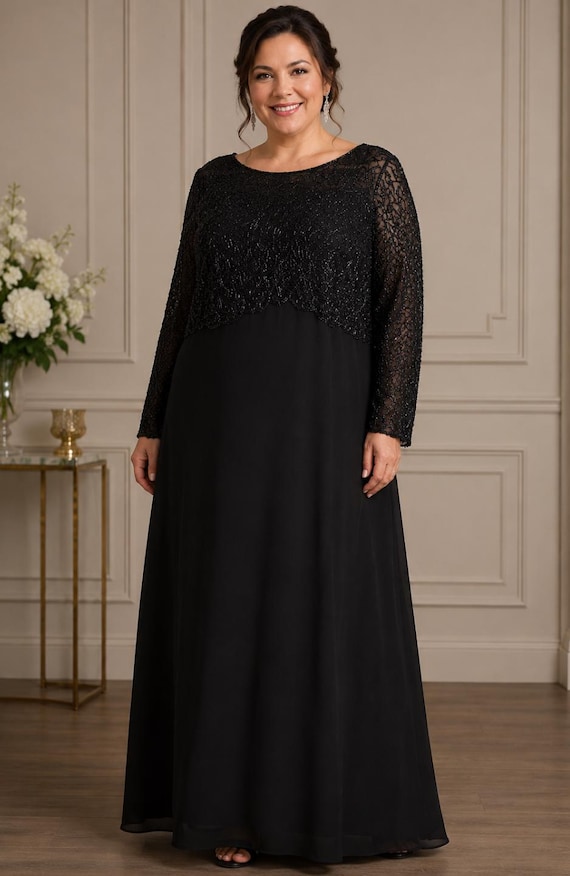 adrianna papell beaded long dress black Vintage Evening Gown Plus Size 22 Formal Wedding Full Length Chiffon Occasion Dress Old Hollywood Glam Size:Adult | 40|R A sparkling beaded applique BrandPage Black and Silver Ballgown,