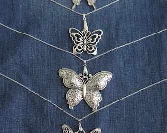 Handmade Butterfly Necklace 24in Long Silver Tone Chain Boho Retro Filigree Rhinestone Butterfly Pendant Hippie Fairy Boho Chic