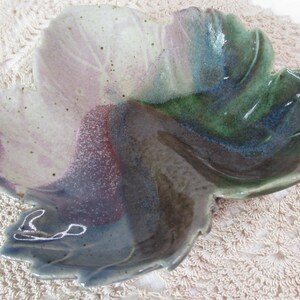 Signed Studio Pottery Leaf Dish Handmade Art Pottery Trinket Bowl Purple Green Blue Ceramic Catchall Vintage Decor