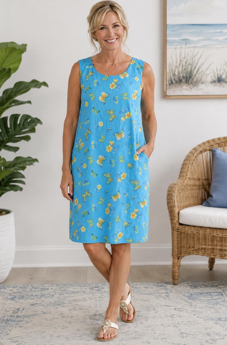 Pappagallo Sleeveless Dress Womens Size 16 Blue Butterfly Floral Cotton Stretch 70s Vibe