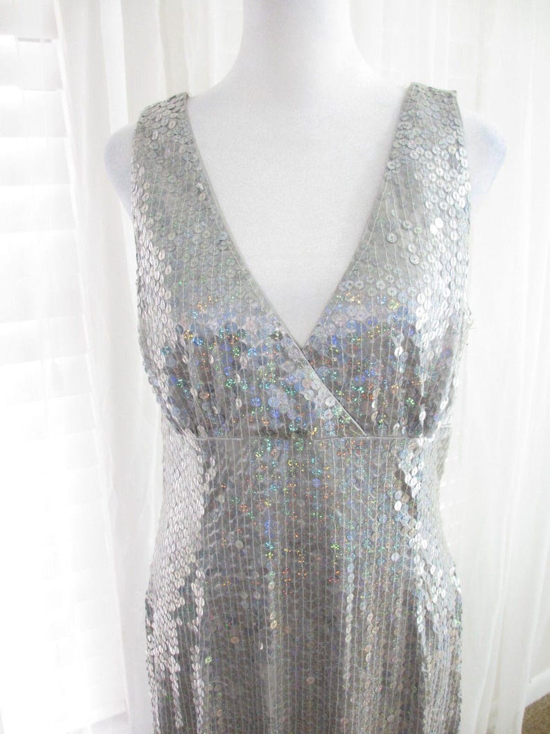 Vestido de noche Adrianna Papell para mujer, talla 12, con lentejuelas, corte sirena, iridiscente, estilo vintage de los 90, ideal para bodas. imagen 9