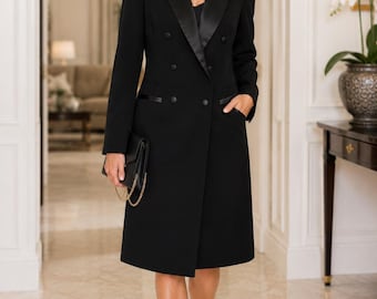 Chaqueta de traje Papell vintage de los 90, blazer largo para mujer, talla 14P, satén negro, elegante, estilo oficina, estilo sirena.