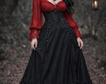 Falda larga negra ChicStar Whimsigoth con encaje gótico, estilo corsé, estilo brujería, romántica, con volantes, campesina, años 90, Y2K