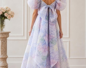 Vintage 80's/90's Charisma Bel Aire Lavender Pastel Organza Cold Shoulder Dress Puff Sleeve Formal Maxi Romantic Cottagecore Size 12/14