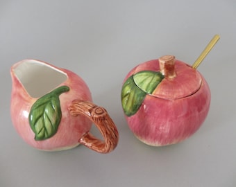 Vintage 1990s Apple Creamer Sugar Bowl Set Ceramic Fall Autumn Kitchen Cottagecore