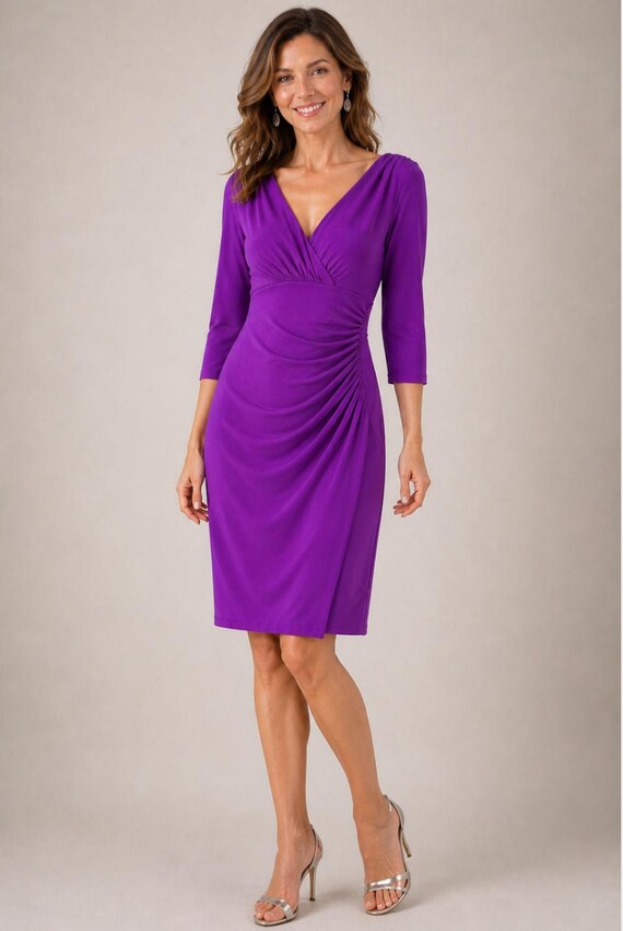 Ralph Lauren Womens Purple 3/4 Sleeve Knee Length Wrap Dress Formal Dress 0