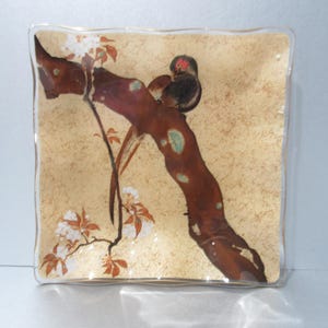 May include: Square glass decorative plate with a painted bird perched on a brown branch with white blossoms. The background is a textured tan color, and the plate has a clear, slightly wavy edge.
