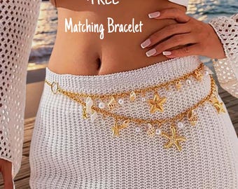 Gold Seashell & White Bead Double Waist Chain Belt beach boho Amazon.com: Gold Starfish Seashell Waist Chain Belt for  main image 2