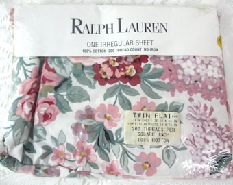 Vintage 1990s Ralph Lauren Home Twin Flat Sheet Pink Multi Lilac Floral Cottagecore Bedding 100% Cotton No Iron NEW Sealed Shabby Chic