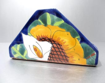 Porte-serviettes de table style Talavera peint à la main Dorga H. En Mex, poterie céramique tournesol, cuisine d'art populaire
