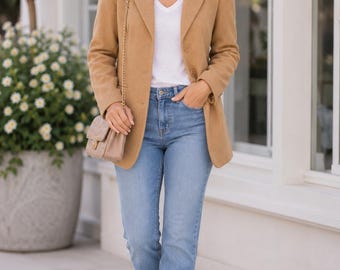 NY & Co Wool Blazer Camel Tan Women’s Size 8 • 1990s Vintage Coat Jacket • Fully Lined Classic Tailored Style