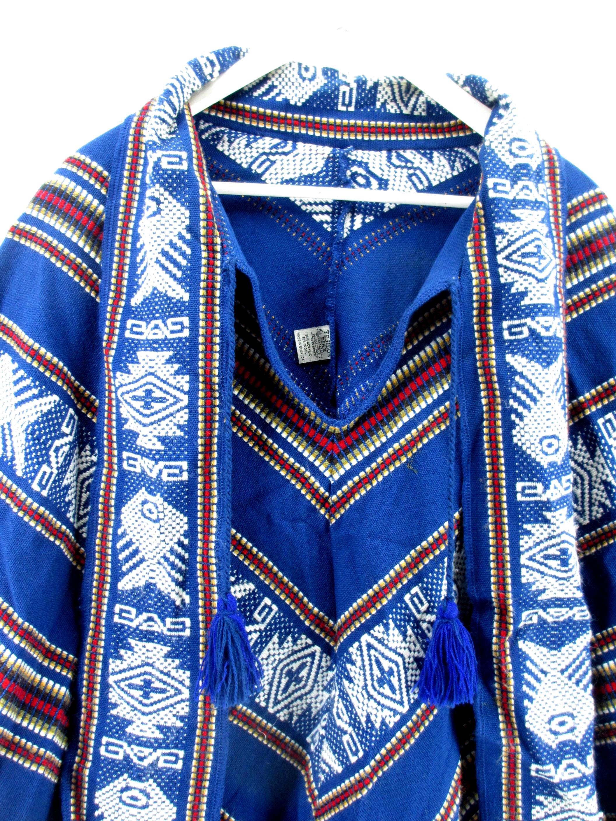 Tejidos Diaz Ecuador Poncho Blue Boho Fringe Hooded Cape Cloak Wool ...