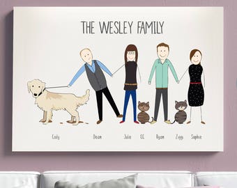 Personalised Canvas Family Portrait Illustration, Custom Family Picture on Canvas, Unique Character Drawing  Canvas, Bespoke Family Cartoon