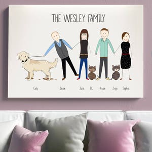 Personalised Canvas Family Portrait Illustration, Custom Family Picture on Canvas, Unique Character Drawing Canvas, Bespoke Family Cartoon image 1