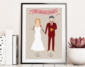 Personalisierte Hochzeit Portrait, Hochzeitsgeschenk, Braut und Bräutigam Bild, glücklich paar Portrait, Hochzeit Andenken