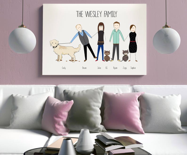 Personalised Canvas Family Portrait Illustration, Custom Family Picture on Canvas, Unique Character Drawing Canvas, Bespoke Family Cartoon image 1