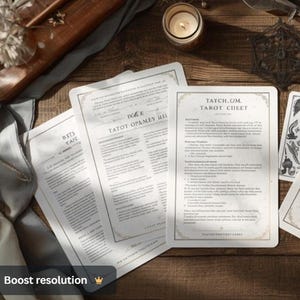 May include: Several tarot cards and sheets with text are displayed on a wooden surface. The cards have a vintage design with decorative borders. A lit candle and other decorative items are also visible.