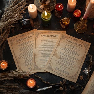 Op de afbeelding: Een mystieke scène met drie verouderde papieren vellen met de tekst "CANDLE MAGICK". De scène omvat brandende kaarsen in verschillende maten en kleuren, gedroogde kruiden en een boek, waardoor een magische sfeer ontstaat.