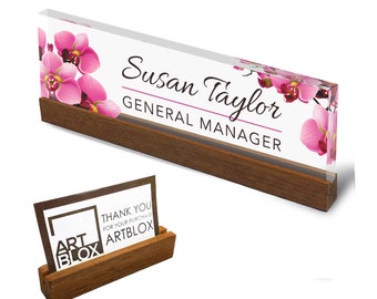 Personalized Office Desk Name Plate + Business Card Holder Customized Clear Acrylic Glass with Teak Wood Stand Orchids Flowers Design