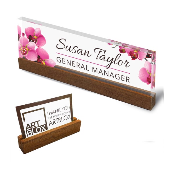 Personalized Office Desk Name Plate + Business Card Holder Customized Clear Acrylic Glass with Teak Wood Stand Orchids Flowers Design