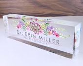 Personalized Name Plate for Desk Succulents Design On Clear Acrylic Glass Custom Office Decor Nameplate Sign Personalized Gift