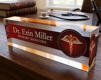 Placa de identificación personalizada para escritorio / Diseño de letrero médico en vidrio acrílico transparente / Placa de identificación personalizada para decoración de oficina / Médico enfermero personalizado