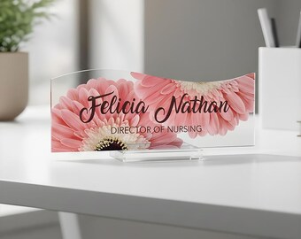 Floral Acrylic Desk Name Plate, Personalized Office Decor