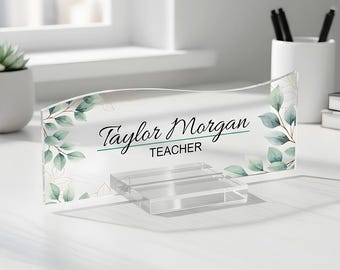 Personalized Acrylic Desk Name Plate | Teacher, Coworker Gift | Green Leaf