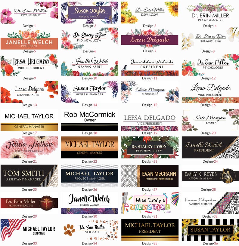 Puede incluir: Una colecci&oacute;n de 36 dise&ntilde;os de tarjetas de visita diferentes con fondos florales y estampados variados. Cada tarjeta incluye un nombre, un t&iacute;tulo y un n&uacute;mero de dise&ntilde;o.