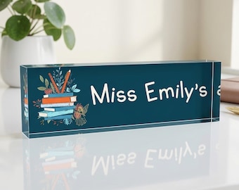 ARTBLOX - Teacher Desk Sign Personalized Teal Acrylic Nameplate With Stacked Books Graphic Classroom Decor Perfect Appreciation Gift Idea