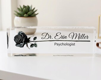 Personalized Acrylic Desk Nameplate Black Rose Design Custom Office Decor for Psychologist Elegant Professional Gifts For Her