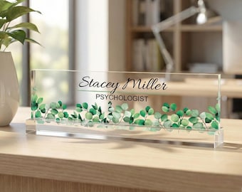Green Leaf, Personalized Desk Plate, Custom Acrylic Name Plaque, Desk Name Plate, Office Gifts for Boss Coworkers