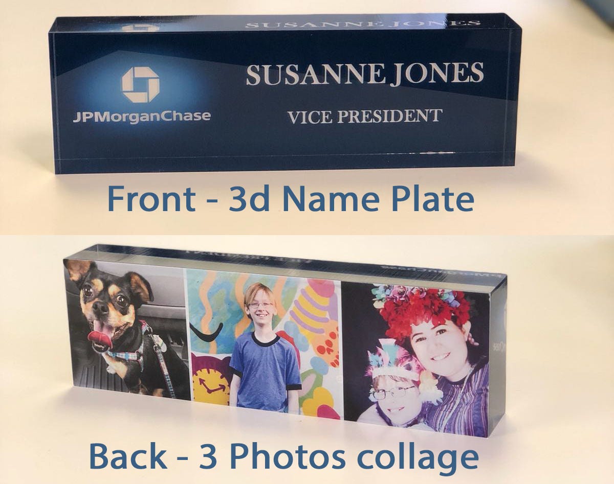 Personalized Desk Name Plate 3 Photos Collage Name Title Logo