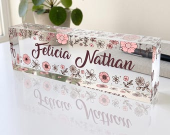 Personalized Clear Acrylic Desk Nameplate with Pink Floral Design Custom Office Decor Beautiful Botanical Gift for Women