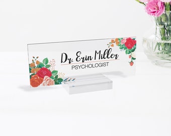 Personalized name plate, office desk gifts, name plate for graduation, glassacrylic, name plaque, nurse gift, gift new office, flower