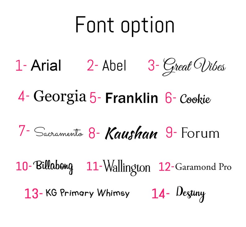 Puede incluir: Una lista de 14 opciones de fuentes diferentes, numeradas del 1 al 14, con el nombre de la fuente escrito en el estilo de fuente correspondiente. Los nombres de las fuentes son: Arial, Abel, Great Vibes, Georgia, Franklin, Cookie, Sacramento, Kaushan, Forum, Billabong, Wallington, Garamond Pro, KG Primary Whimsy y Destiny.