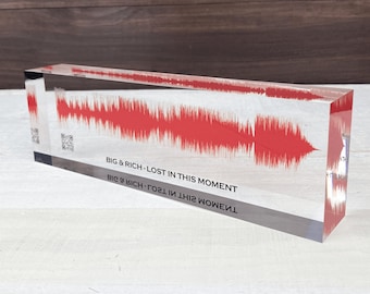 Personalized Soundwave Art: Red Acrylic Block with Playback Barcode