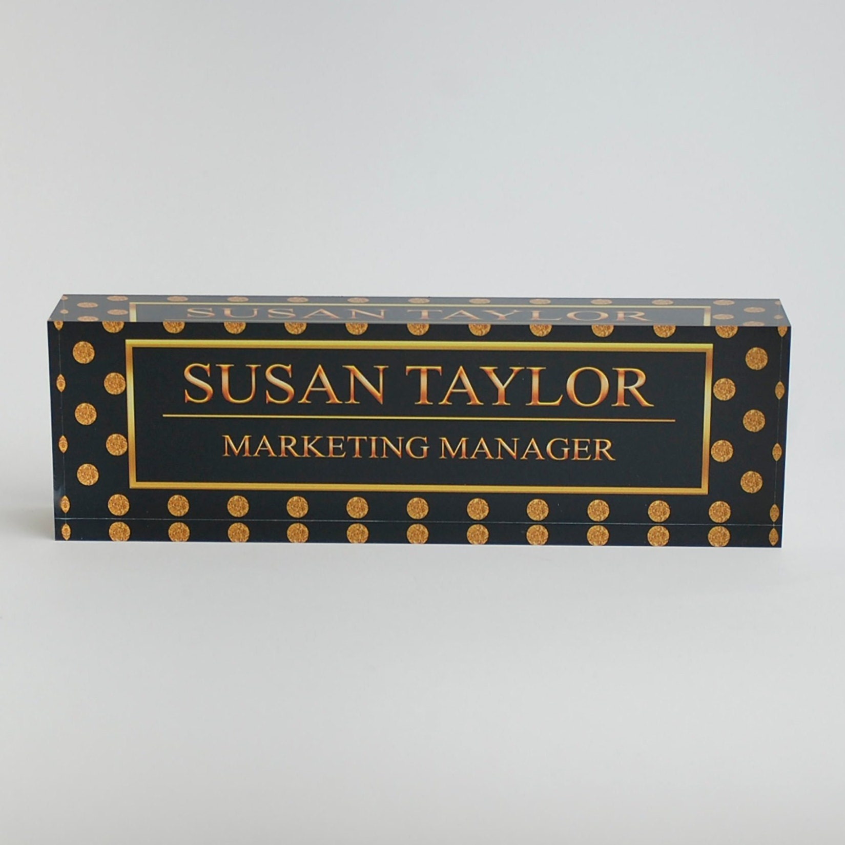 Personalized Desk Name Plate Name Title On Gold Polka Dots Etsy
