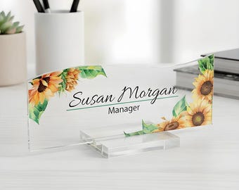 Personalized Sunflower Acrylic Desk Name Plate: Custom Office Decor
