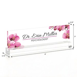 Placa de identificación personalizada para escritorio / Diseño de flores silvestres sobre cristal acrílico transparente / Letrero decorativo personalizado para oficina / Regalo personalizado 1/4"Thick + A Stand