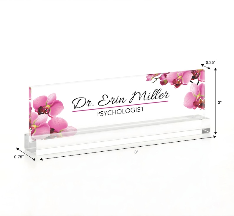 Placa de identificación personalizada para escritorio / Diseño de flores silvestres sobre cristal acrílico transparente / Letrero decorativo personalizado para oficina / Regalo personalizado 1/4"Thick + A Stand