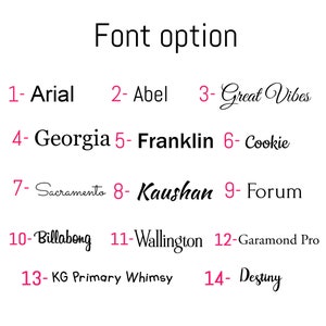 May include: A list of 14 different font options, numbered 1 through 14, with the font name written in the corresponding font style. The font names are: Arial, Abel, Great Vibes, Georgia, Franklin, Cookie, Sacramento, Kaushan, Forum, Billabong, Wallington, Garamond Pro, KG Primary Whimsy, and Destiny.