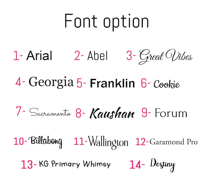 May include: A list of 14 different font options, numbered 1 through 14, with the font name written in the corresponding font style. The font names are: Arial, Abel, Great Vibes, Georgia, Franklin, Cookie, Sacramento, Kaushan, Forum, Billabong, Wallington, Garamond Pro, KG Primary Whimsy, and Destiny.