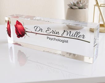 Artblox | Modern Acrylic Desk Plate, Personalized Name Title Sign, Minimalist Office Decor, Promotion Gift | Rose Design on Clear Acrylic