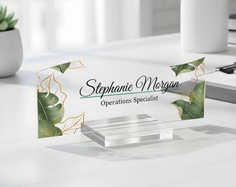 Personalized Acrylic Desk Name Plate, Floral Office Decor, Teacher Gift